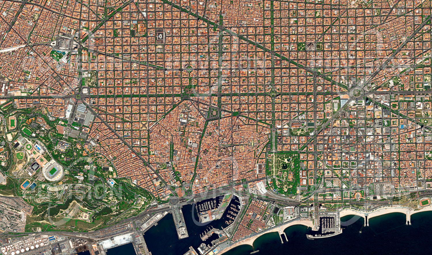 Das Satellitenbild 'EIXAMPLE - BARCELONA, Spanien' ist dem Bildband "Cities - Brennpunkte der Menschheit" entnommen. Eixample in Barcelona ist das Paradebeispiel einer Planstadt als Erweiterung des bestehenden Stadtkerns zur Mitte des 19. Jahrhunderts. Wie kaum in einer anderen europäischen Metropole wurde hier aktive Stadtentwicklungspolitik betrieben und so ist das aktuelle Bild der Stadt geprägt von einer Synthese aus historischer Stadtentwicklung und modernen Restrukturierungsprozessen.