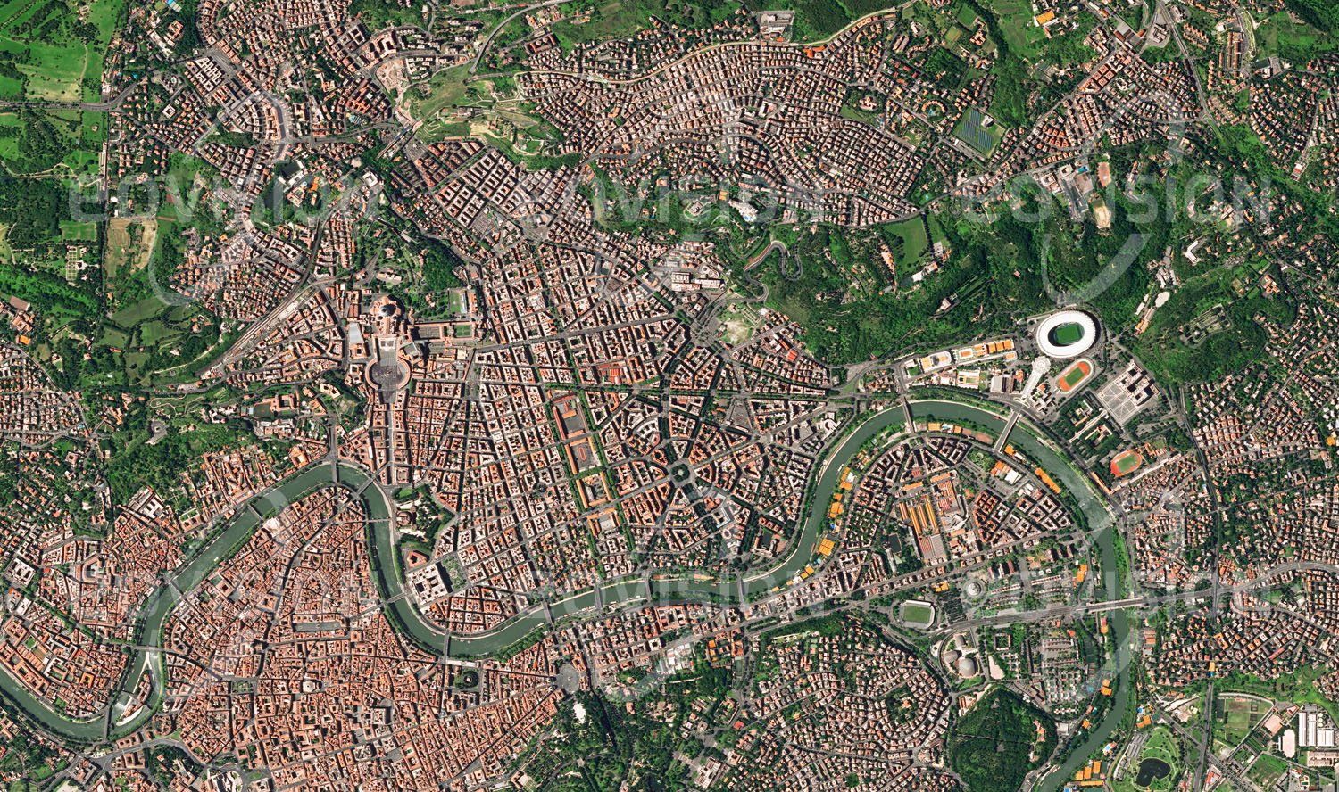 Das Satellitenbild 'VATIKAN - ROM, Italien' ist dem Bildband "Cities - Brennpunkte der Menschheit" entnommen. Kaum eine Stadt eignet sich besser als Beispiel für das Auf und Ab in der Geschichte. Nach alter Geschichtsschreibung im Jahr 753 v. Chr. gegründet, entwickelte sich Rom zur Hauptstadt des römischen Imperiums und später der katholischen Kirche, erlebte aber auch mehrfache Abstiege. Heute ist die Hauptstadt Italiens mit 2,8 Millionen Einwohnern eine moderne, blühende Stadt, deren Faszination auch auf dem reichen historischen Erbe beruht.