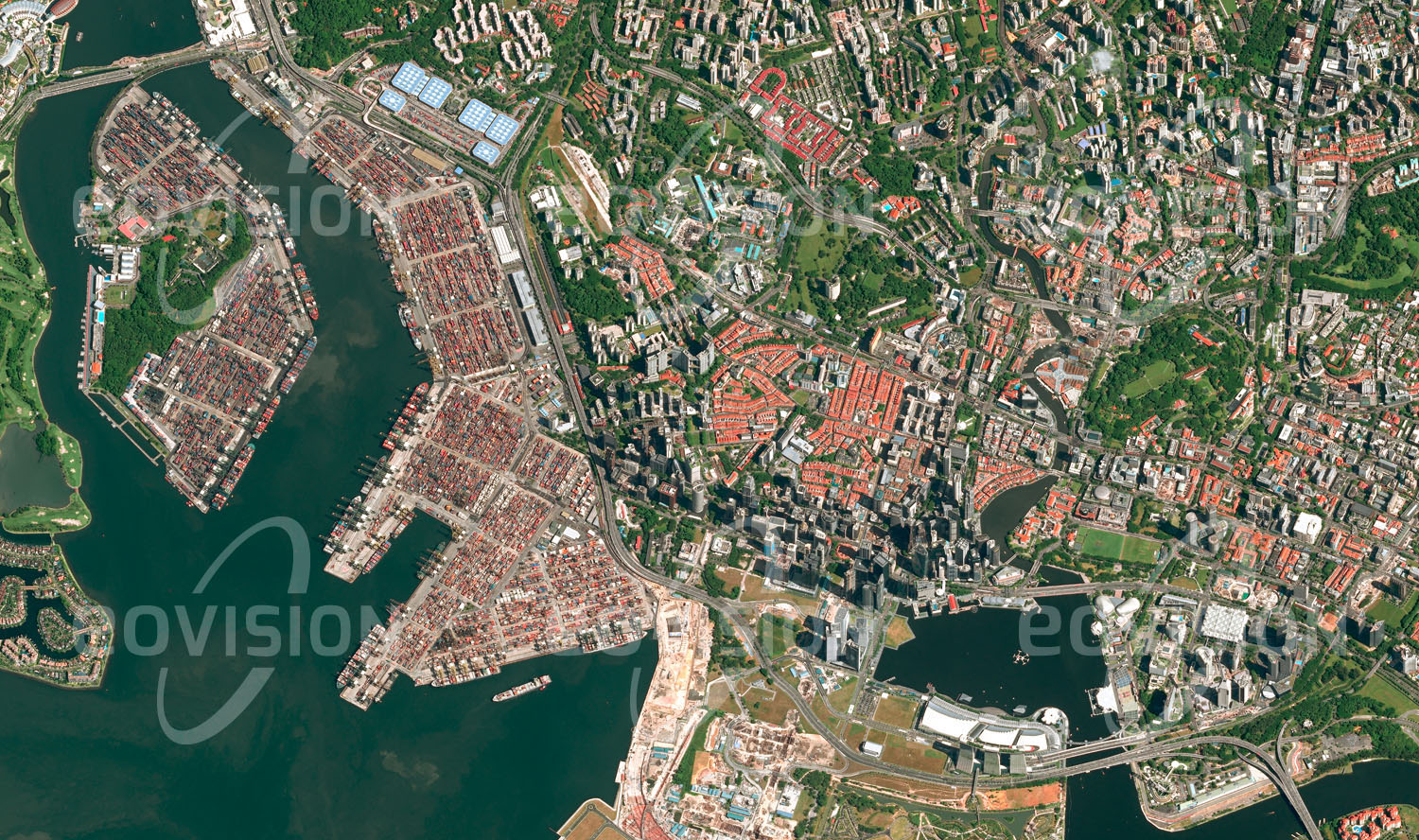 Das Satellitenbild 'SINGAPUR - FINANCIAL DISTRICT , Singapur' ist dem Bildband "Cities - Brennpunkte der Menschheit" entnommen. Singapur ist der weltweit einzige Stadtstaat auf einer Insel. Die strategisch günstige Lage am Seeweg zwischen dem Indischen Ozean und dem Südchinesischen Meer war Grund für den Aufstieg Singapurs zu einer bedeutenden Handelsstadt. Sie verfügt über den nach Shanghai zweitgrößten Containerhafen der Welt, mehr als 81.000 Container werden hier täglich bewegt. In Singapur wurde früh erkannt, dass der Mangel an Ressourcen nur durch Bildung ausgeglichen werden kann. Daher spielen Ausbildung und hohe soziale Standards eine wichtige Rolle.