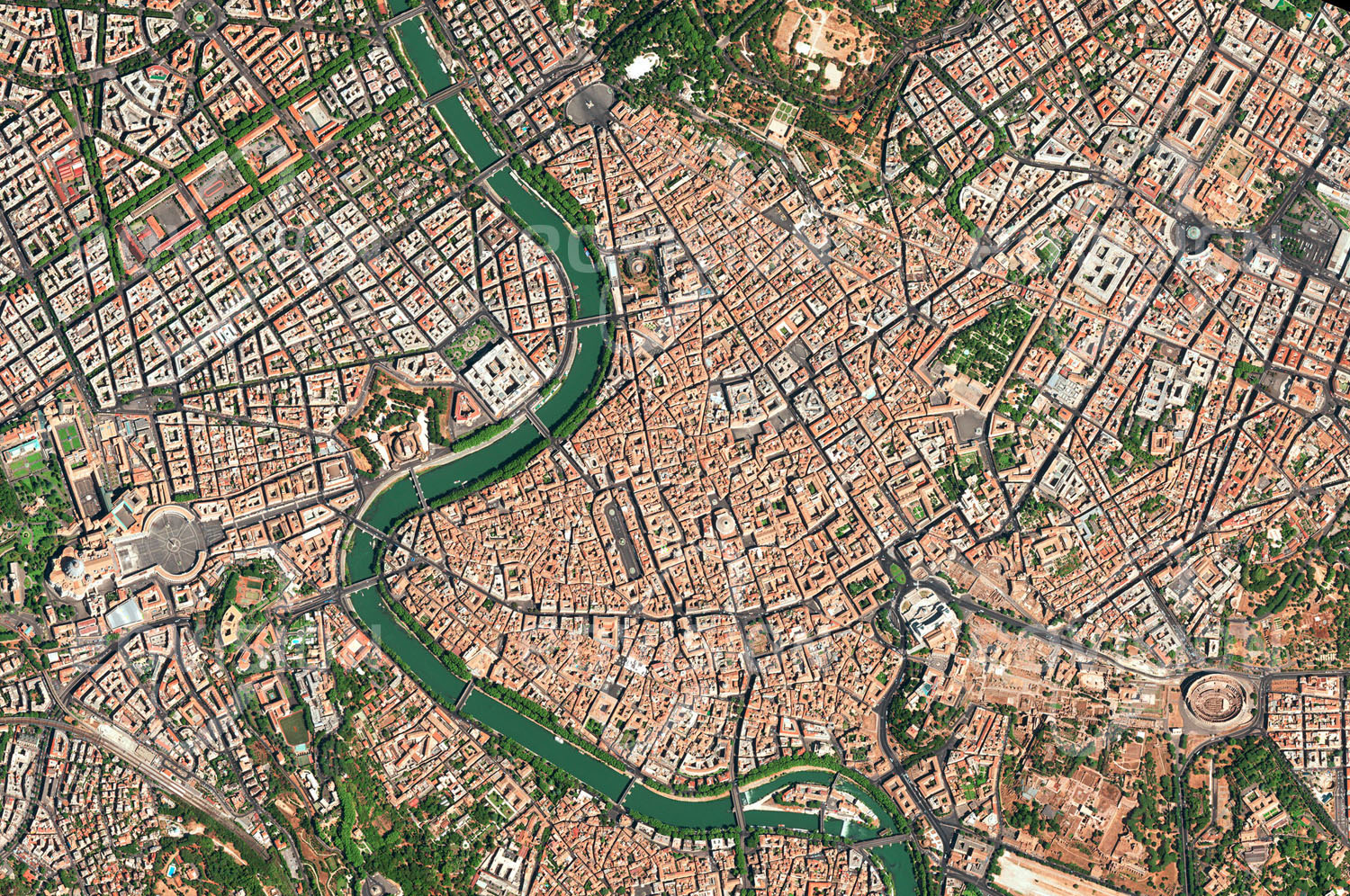 Das Satellitenbild 'ROM, Italien' ist dem Bildband "Europa - Kontinent der Vielfalt" entnommen. Kaum eine Stadt eignet sich besser als Beispiel für das Auf und Ab von Städten im Laufe der Geschichte. In der römischen Geschichtsschreibung wurde die Gründung der Stadt auf das Jahr 753 v. Chr. datiert, archäologische Befunde zeigen aber, dass schon Jahrhunderte davor eine Siedlung existierte. In der Folge entwickelte sich Rom zur Hauptstadt des römischen Imperiums und später auch der katholischen Kirche, versank aber auch mehrfach in weitgehender Bedeutungslosigkeit. Heute ist Rom als Hauptstadt Italiens mit mehr als 2,8 Millionen Einwohnern eine moderne, blühende Stadt, deren Faszination n