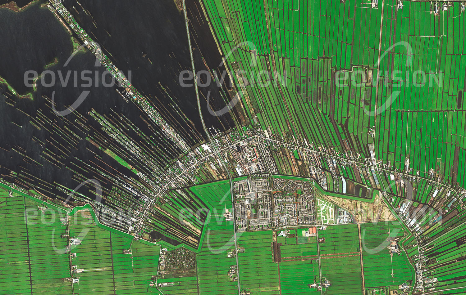 Das Satellitenbild 'DE RONDE VENEN, Niederlande' ist dem Bildband "Europa - Kontinent der Vielfalt" entnommen. Die niederländische Gemeinde De Ronde Venen liegt bis zu sechs Meter unterhalb des Meeresspiegels und ist daher auf den Schutz durch Deiche und Pumpen angewiesen. Das Moorgebiet wird seit etwa 1000 Jahren kultiviert. Die radial von den Siedlungen im Zentrum nach außen führenden Entwässerungsgräben sind in der Aufnahme gut zu erkennen. Durch Torfgewinnung entstand im Laufe der Jahrhunderte der im Norden sicht­bare See. Heute werden die Wasserflächen als Angelrevier und für Wassersport genutzt.