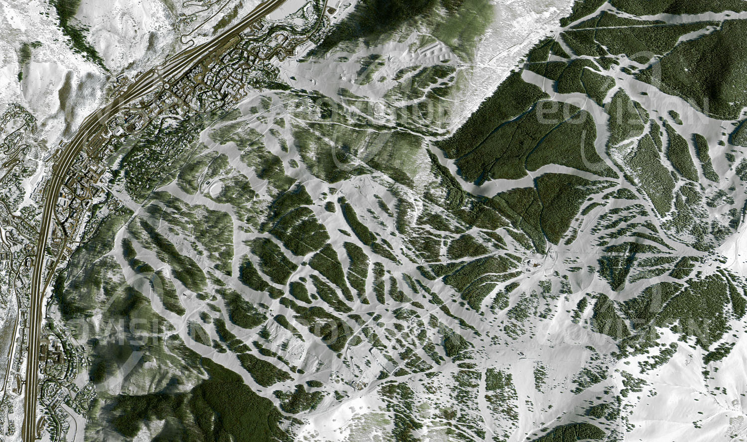 Das Satellitenbild 'VAIL, USA' ist dem Bildband "Human Footprint - Satellitenbilder dokumentieren menschliches Handeln" entnommen. Sportliche Großveranstaltungen wie die Ski­weltmeisterschaften 1989 und 1999 haben ebenso zum internationalen Ruf Vails als bedeutendstem Wintersportzentrum der USA beigetragen wie seine schneesichere Lage auf fast 2.500 Metern Seehöhe. Ein dichtes Geflecht von annähernd 200 Pisten durchzieht die Wälder um Vail bis hinauf auf den Vail Mountain mit einer Höhe von 3.527 Metern.