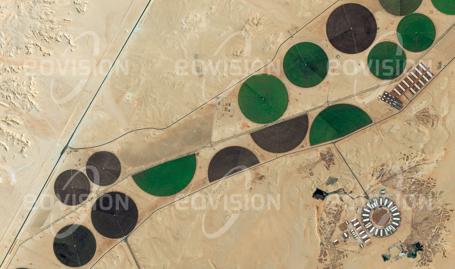 Das Satellitenbild 'WĀDĪ AS SAHBĀ, Saudi-Arabien' ist dem Bildband "Human Footprint - Satellitenbilder dokumentieren menschliches Handeln" entnommen. Im Wadi as-Sahba wird mitten in der Wüste Saudi Arabiens Viehzucht betrieben, für die auf den angrenzenden Kreisbewässerungsfeldern das benötigte Futter angebaut wird.