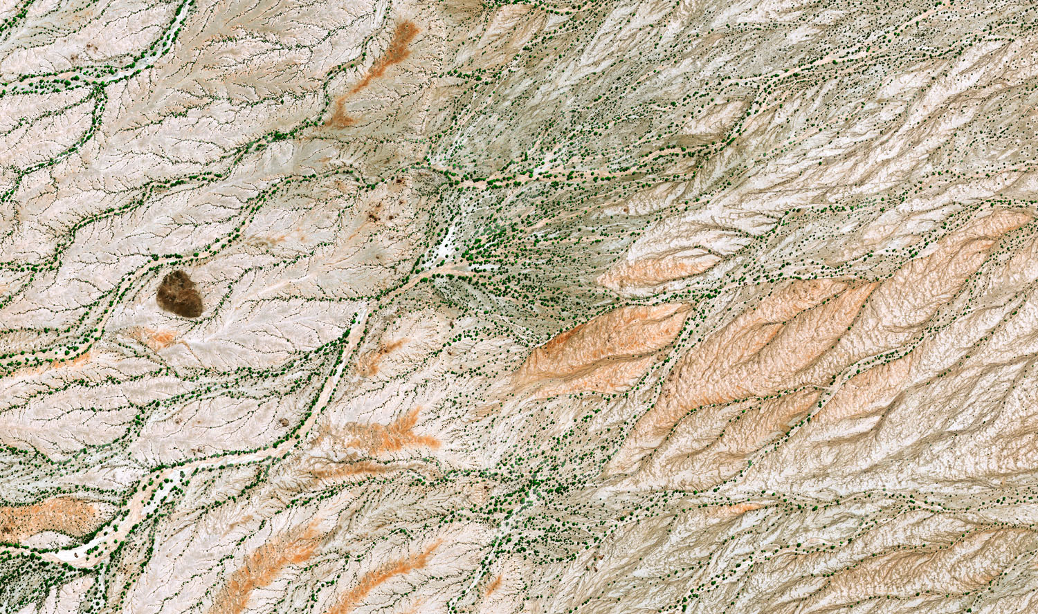 Das Satellitenbild 'TURKANA, Kenia' ist dem Bildband "Untouched Nature - Naturlandschaften in Satellitenbildern" entnommen. Westlich des Turkanasees in Kenia bildet leicht erodierendes Sedimentgestein die Grundlage für eine karge Savanne. Bäume und Sträucher wachsen hier fast ausschließlich unmittelbar neben den Flussläufen, wo in tieferen Bodenschichten auch während der Trockenzeit Wasser zu finden ist. Vereinzelte Hütten und Einfriedungen deuten auf eine dünne Besiedelung durch Menschen hin, die von Ziegenhaltung leben.