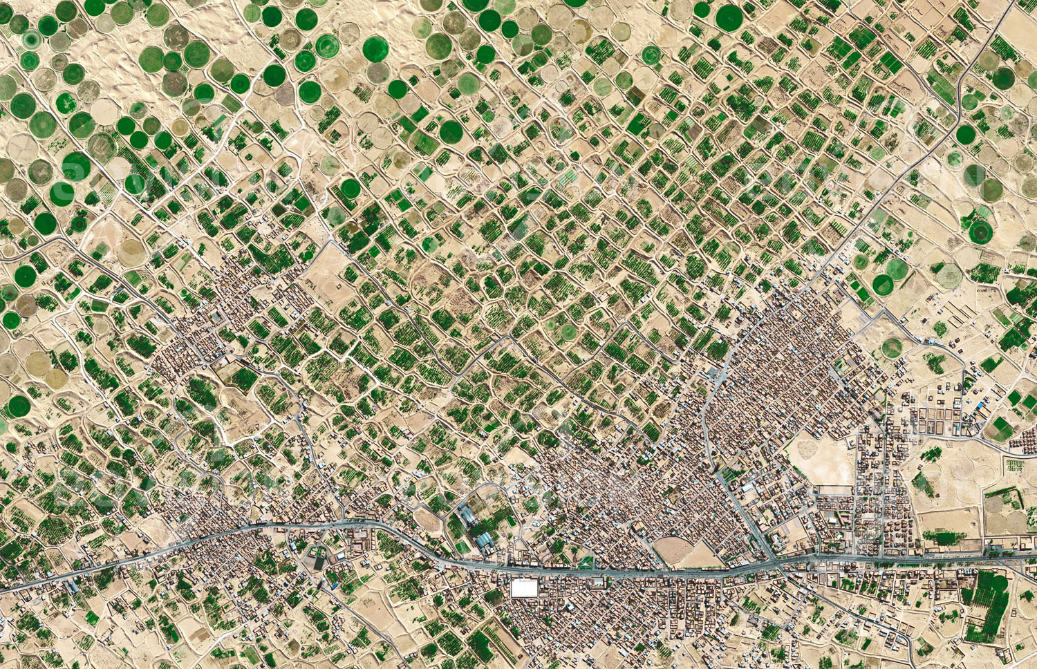 Das Satellitenbild 'HASSI KHELIFAI, Algerien' ist dem Bildband "Wüsten - Lebensraum der Extreme" entnommen. Hassi Khelifa im Nordosten Algeriens, nahe der Grenze zu Tunesien, ist ein Ausläufer der Oasenstadt El Oued. Auch hier findet der Übergang zwischen der traditionellen landwirtschaftlichen Struktur zu moderneren Methoden statt. Kleinere Dattelpalmengärten, die zum Schutz mit Sandwällen umgeben sind, werden durch moderne Kreisbewässerungsanlagen ersetzt.